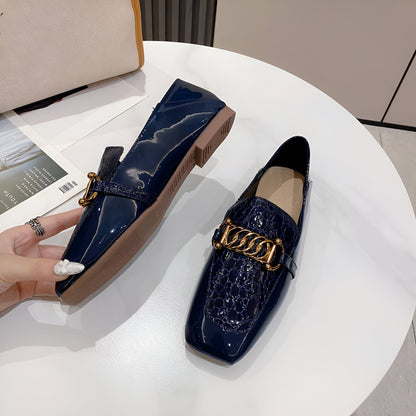 Luxelle Mocassins Femme Cuir Verni Chaîne Dorée