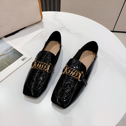 Luxelle Mocassins Femme Cuir Verni Chaîne Dorée