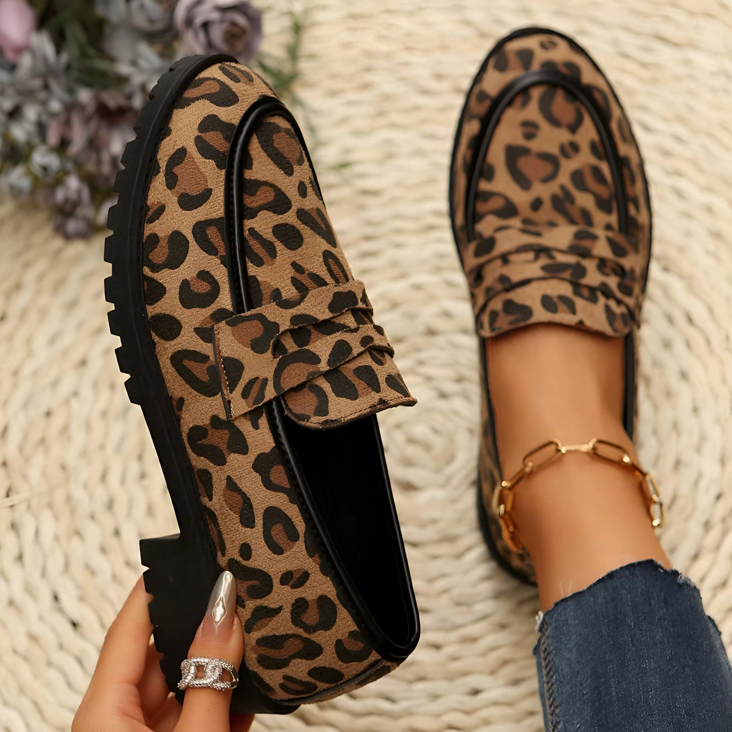 Mocassins Femme Imprimé Léopard Talon Carré - Signature