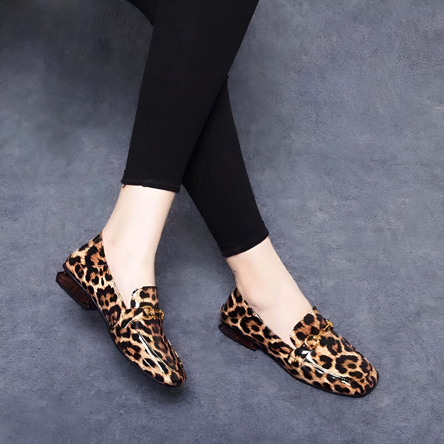BrandLux Mocassins Femme Léopard Vernis Talon Carré