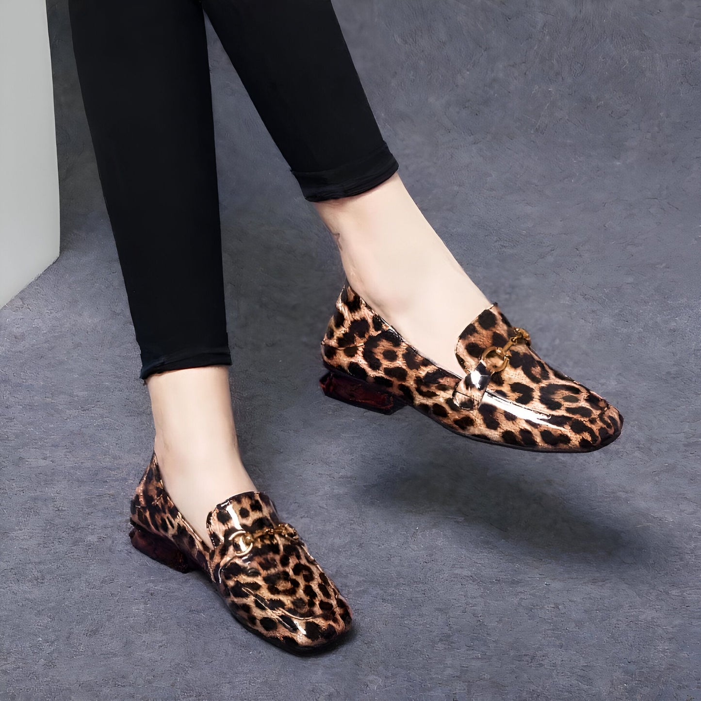 BrandLux Mocassins Femme Léopard Vernis Talon Carré
