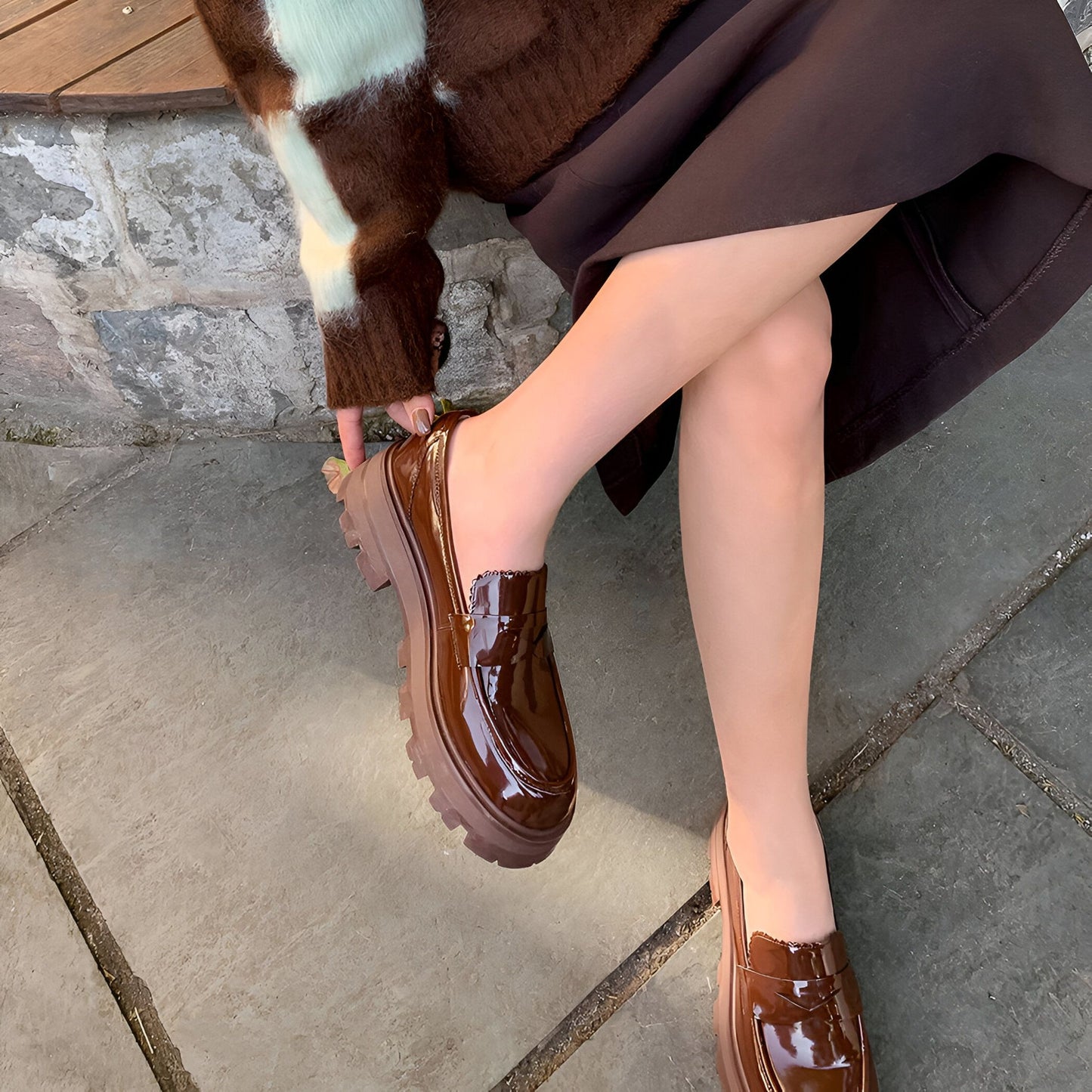 Luxia Mocassins Marron Cuir Vernis Plateforme
