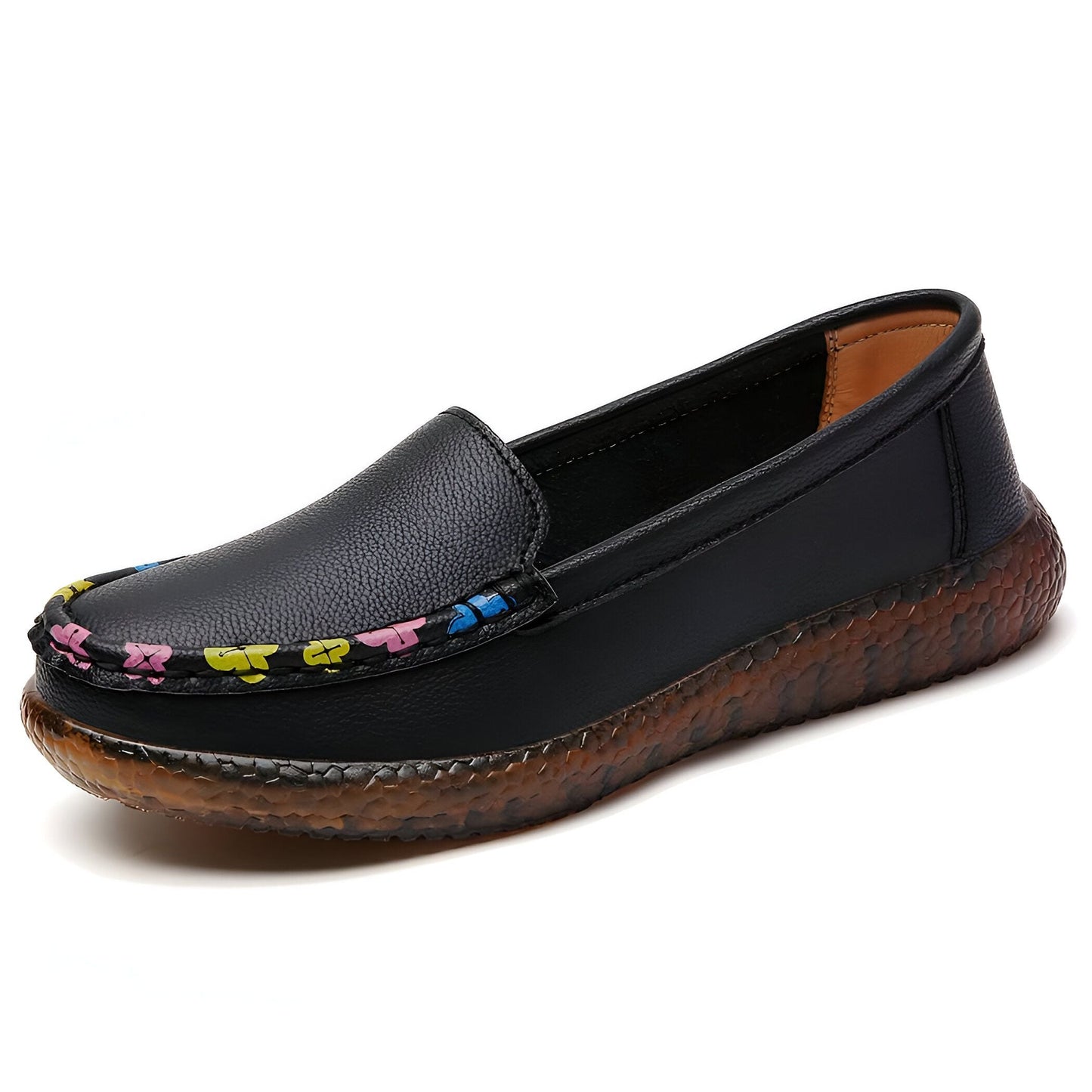 Lumenix Mocassins Femme Noirs - Motifs Floraux Discrets