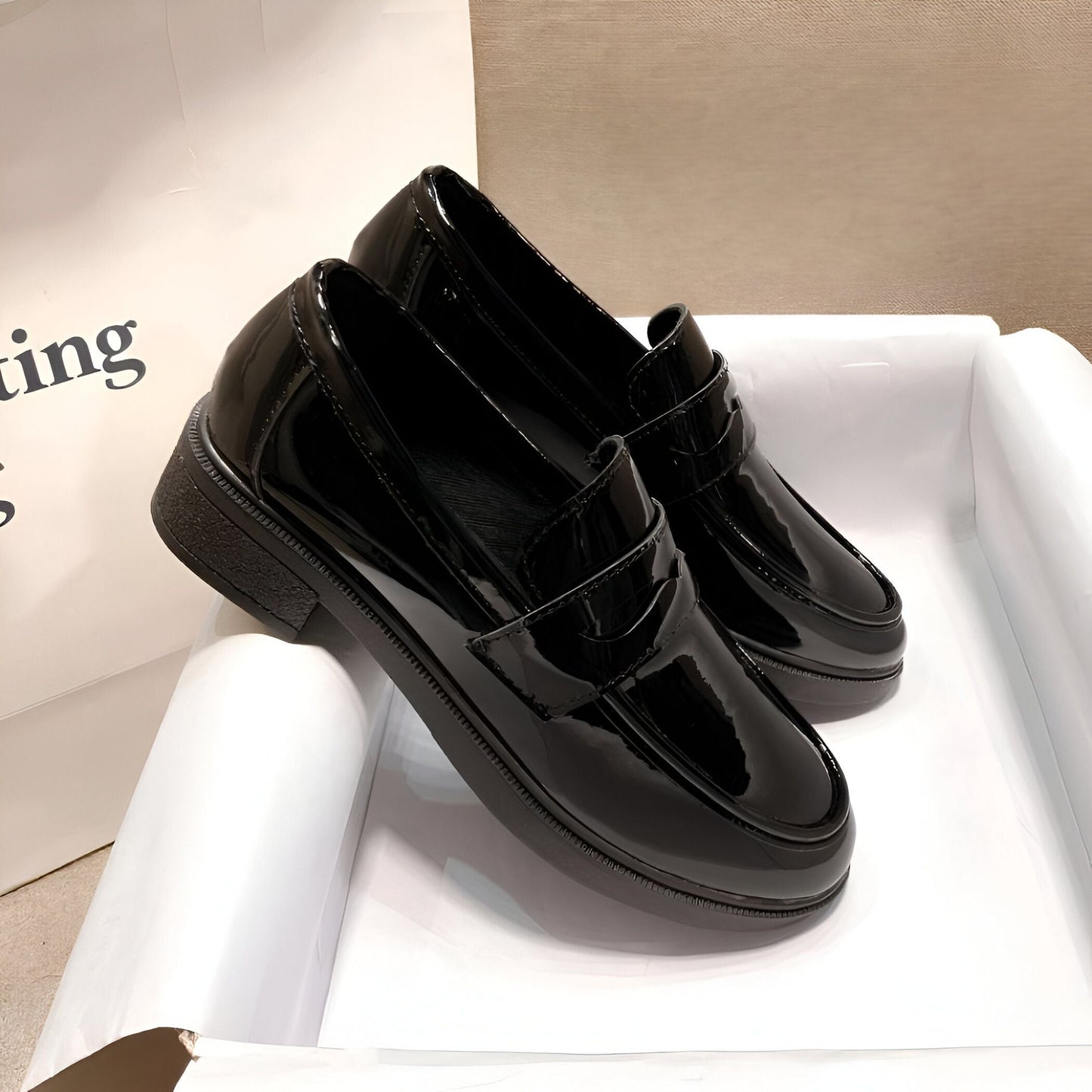 Luxe Mocassins Femme Noirs Vernis Talons Classiques
