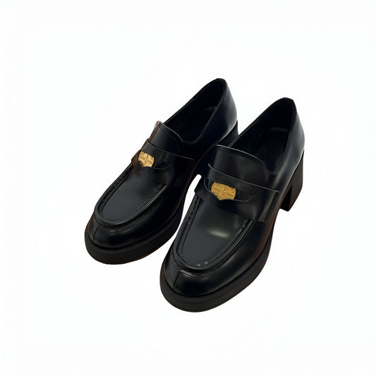 Nova Mocassins Femme Cuir Noir Talon Carré Or