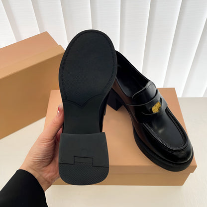 Nova Mocassins Femme Cuir Noir Talon Carré Or