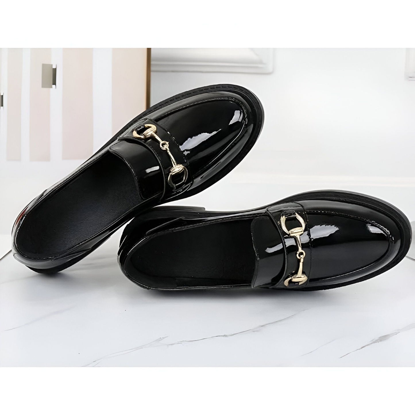 Mocassins Femme Cuir Vernis Talon Carré Noir - Luxe