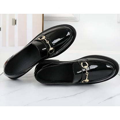 Mocassins Femme Cuir Vernis Talon Carré Noir - Luxe