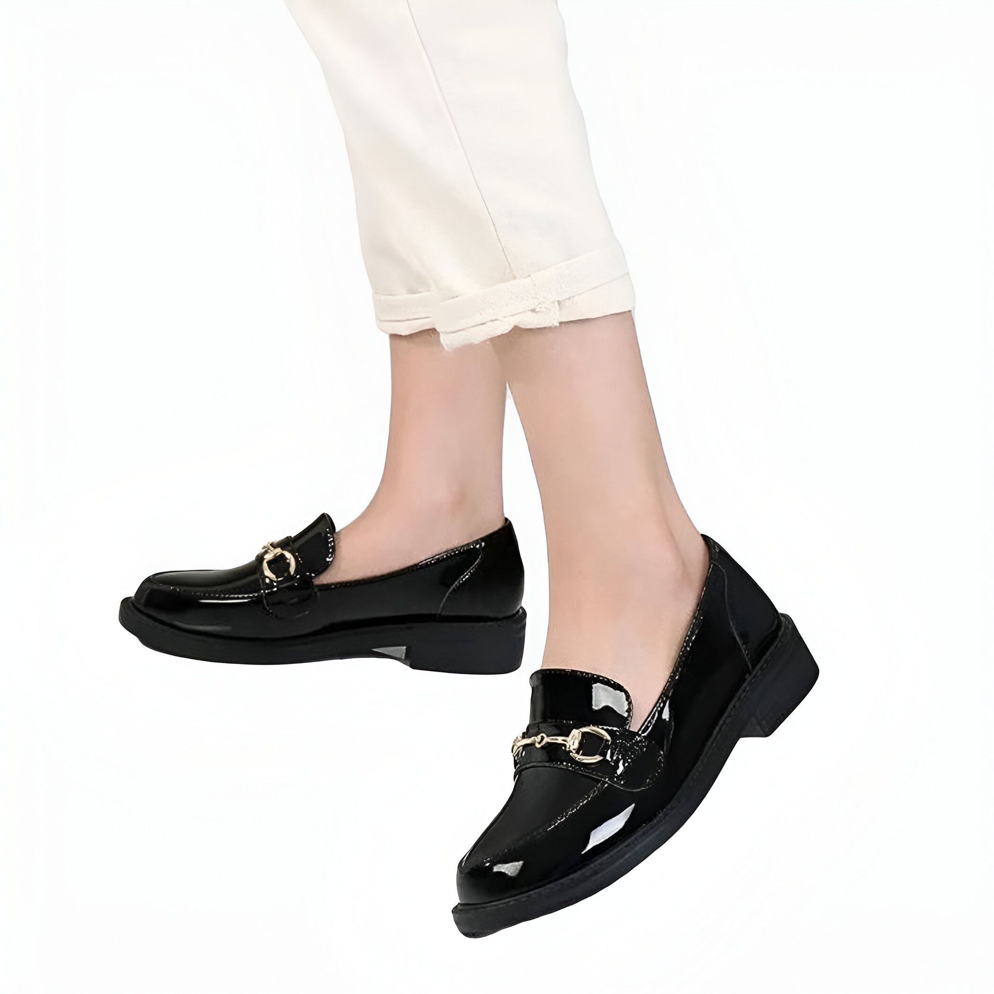 Mocassins Femme Cuir Vernis Talon Carré Noir - Luxe