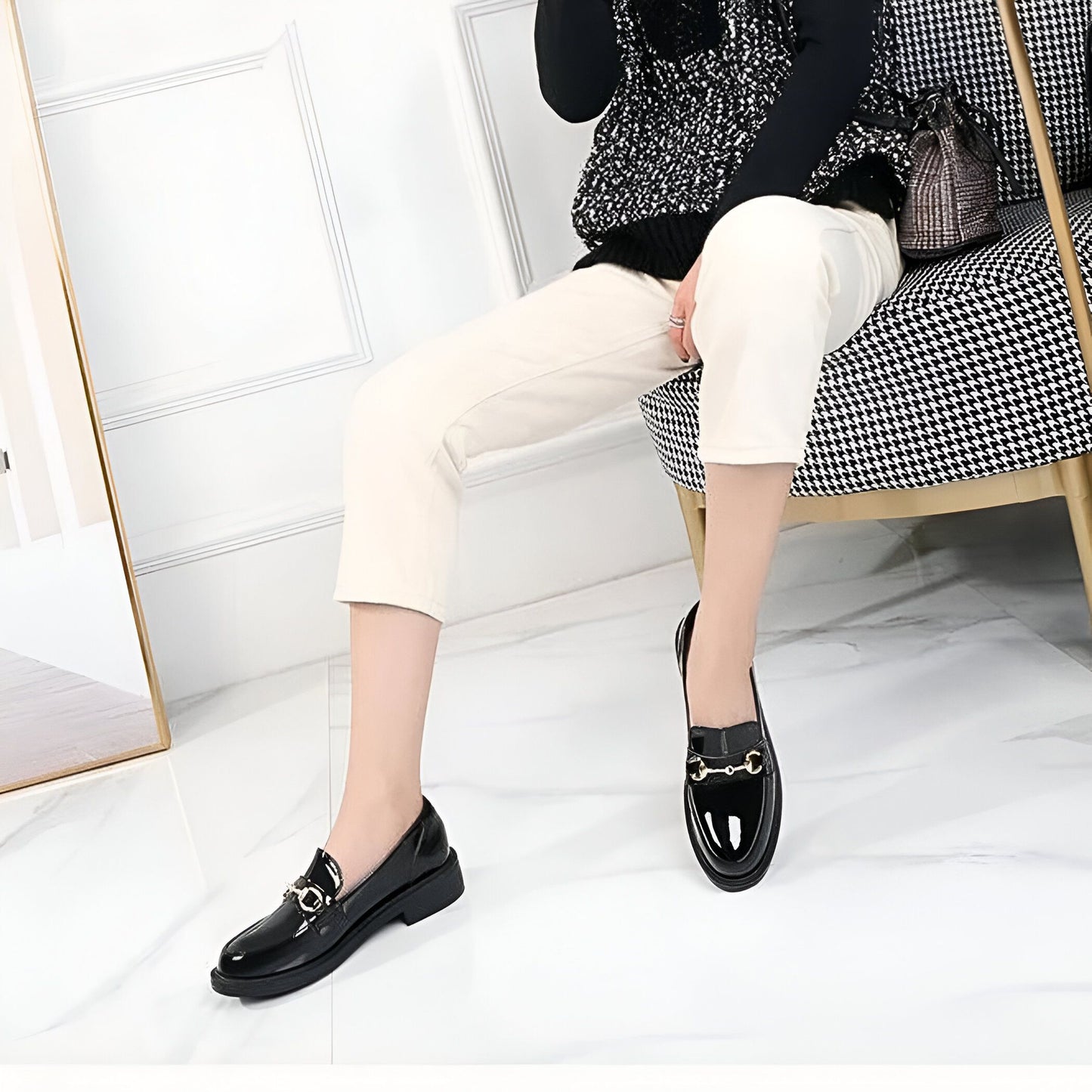 Mocassins Femme Cuir Vernis Talon Carré Noir - Luxe
