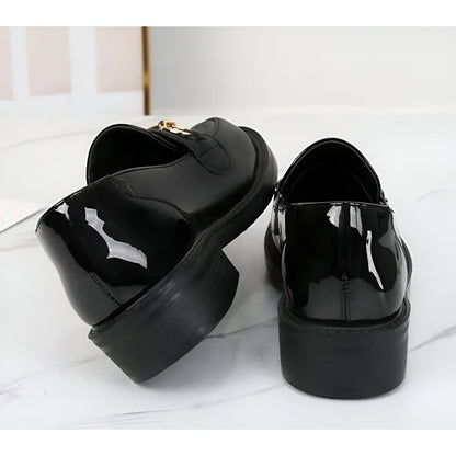 Mocassins Femme Cuir Vernis Talon Carré Noir - Luxe