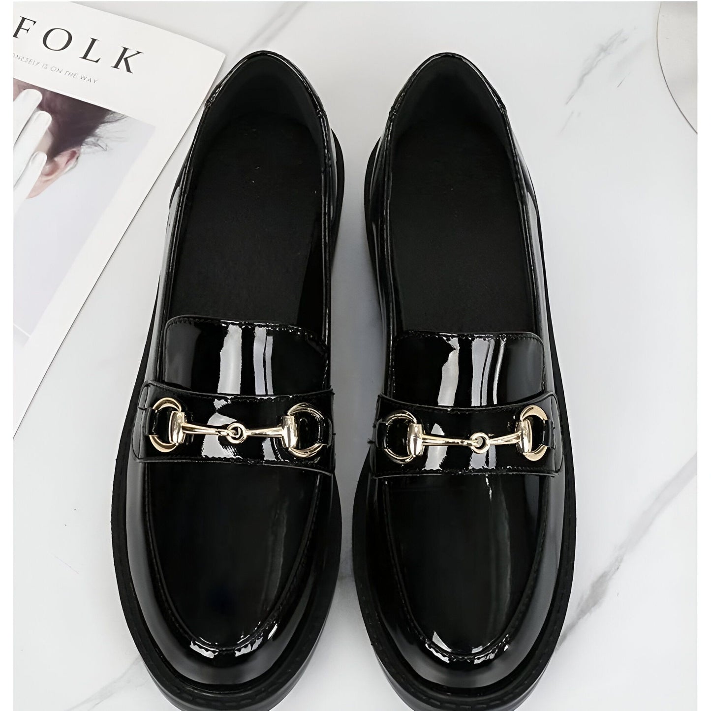 Mocassins Femme Cuir Vernis Talon Carré Noir - Luxe