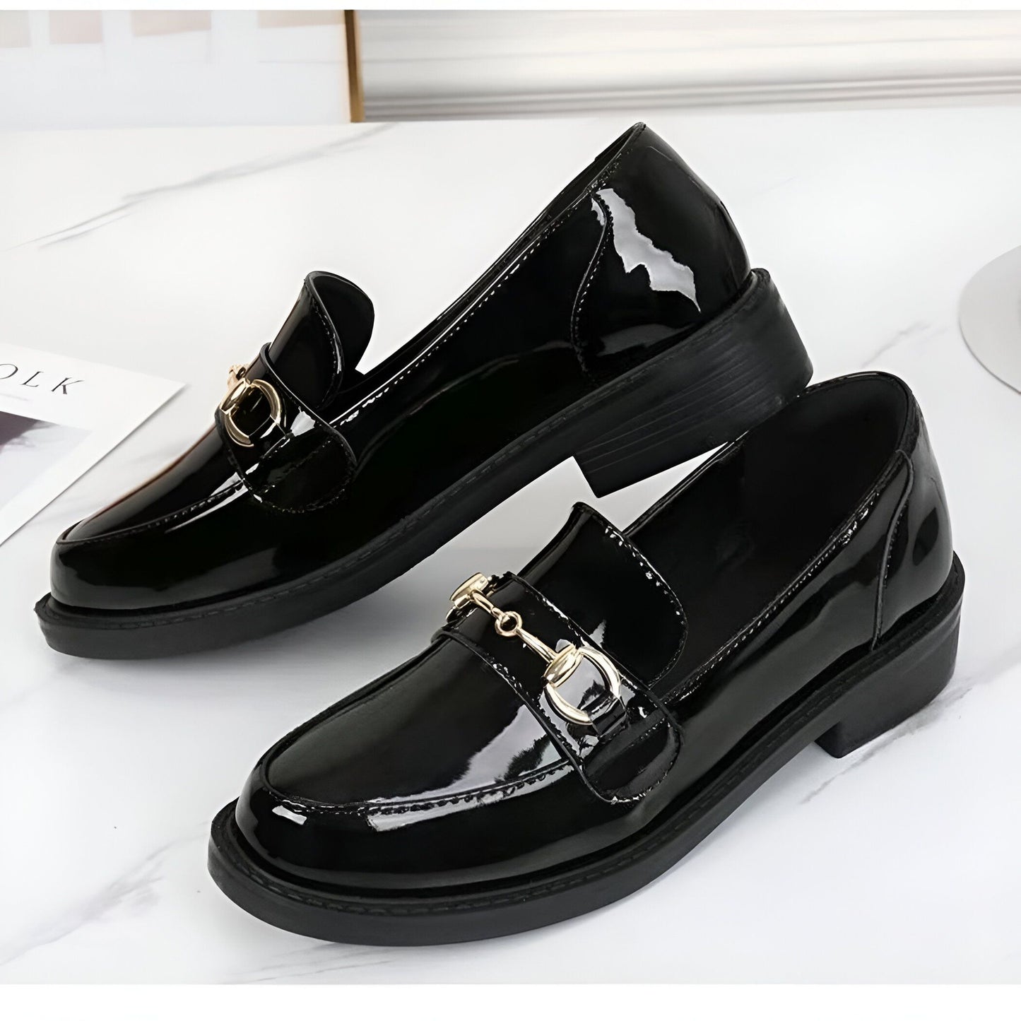 Mocassins Femme Cuir Vernis Talon Carré Noir - Luxe