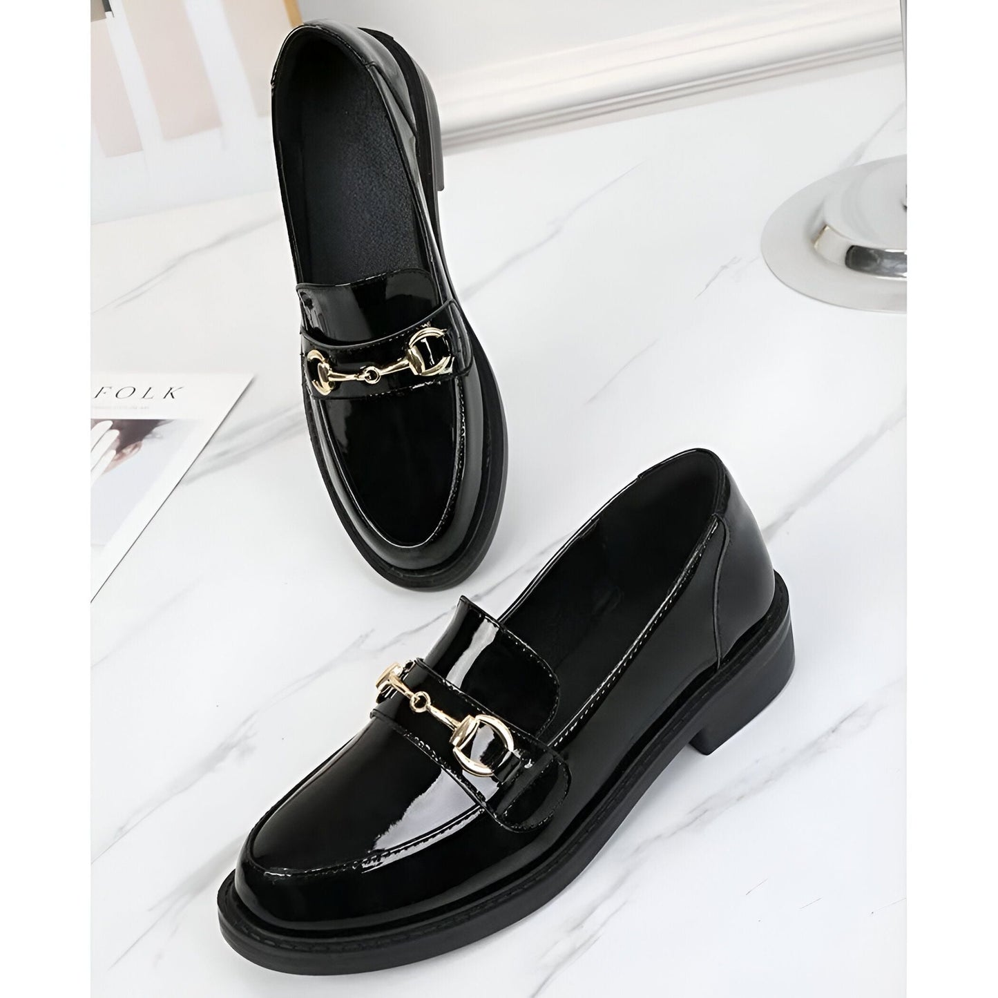 Mocassins Femme Cuir Vernis Talon Carré Noir - Luxe