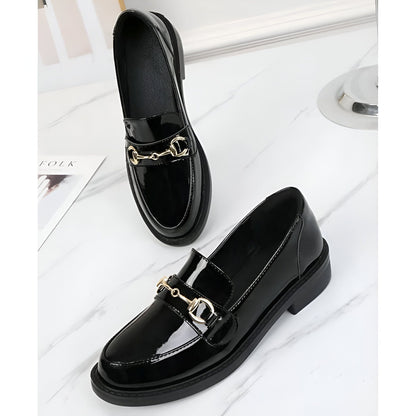 Mocassins Femme Cuir Vernis Talon Carré Noir - Luxe