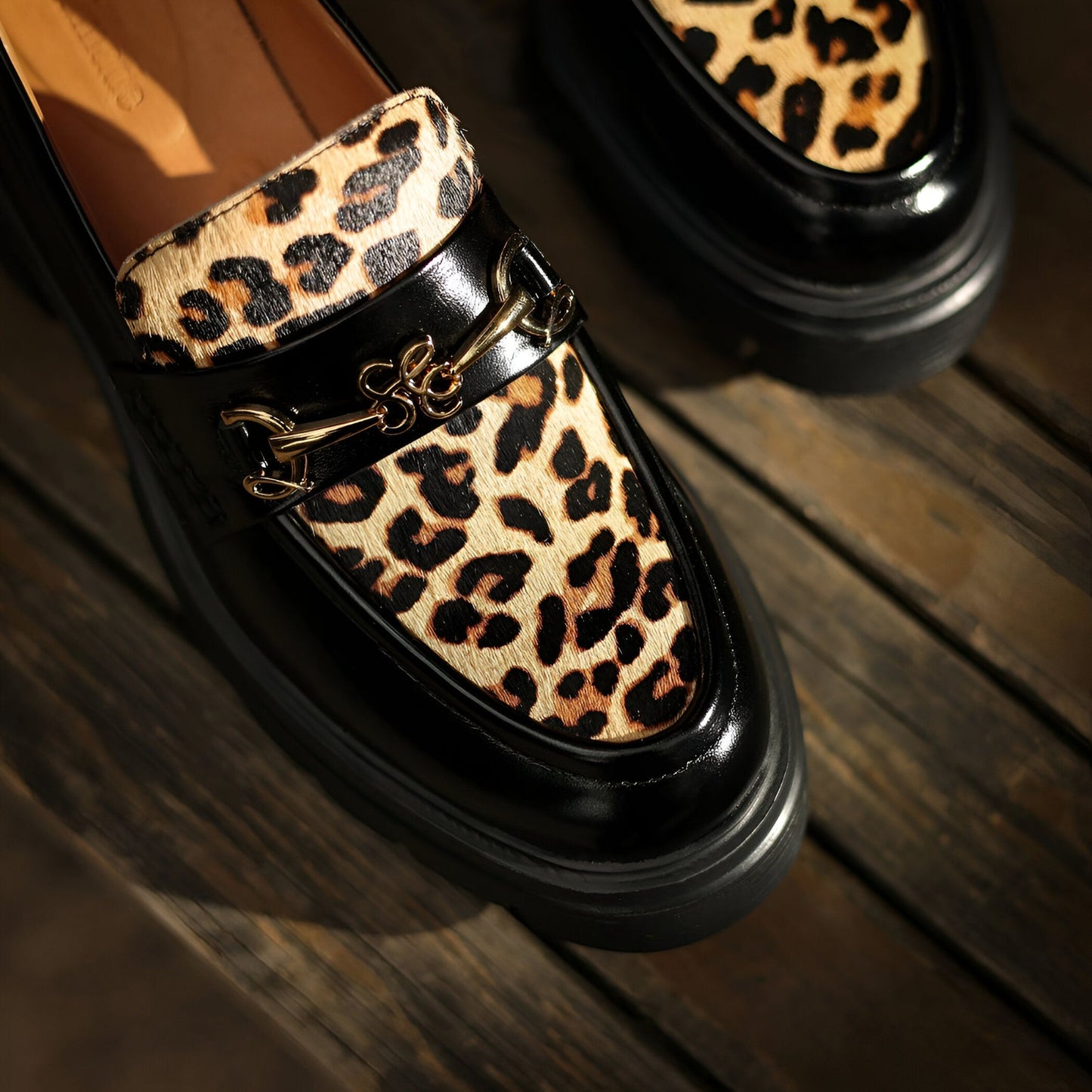 Élégance Mocassins Femme Noirs Léopard & Talon Bloc