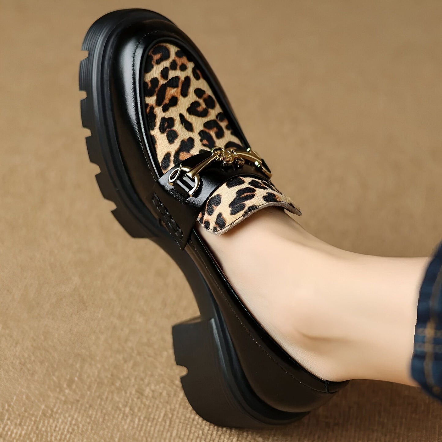 Élégance Mocassins Femme Noirs Léopard & Talon Bloc