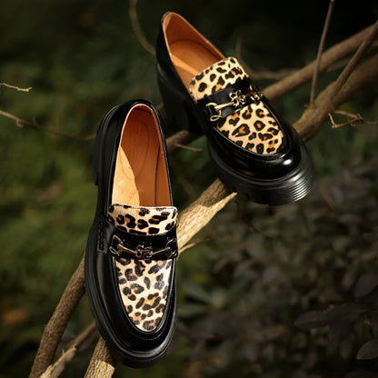 Élégance Mocassins Femme Noirs Léopard & Talon Bloc