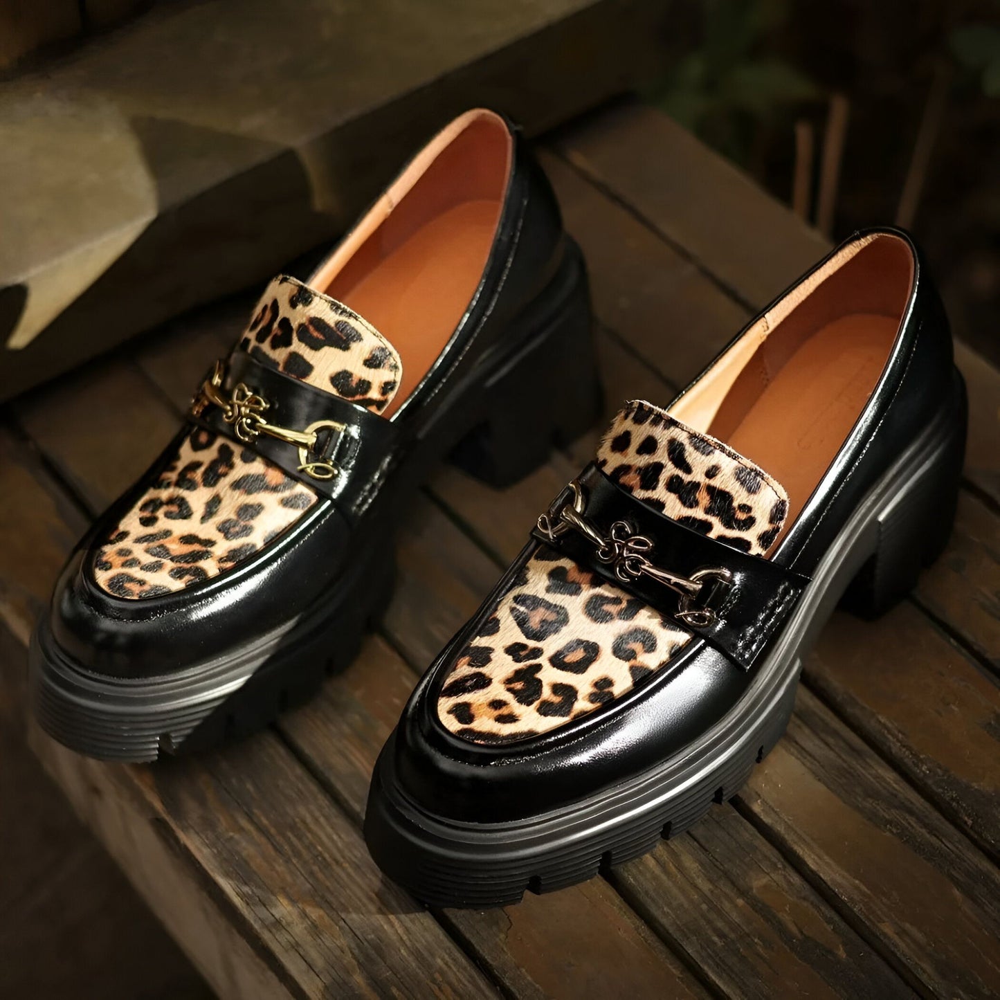 Élégance Mocassins Femme Noirs Léopard & Talon Bloc