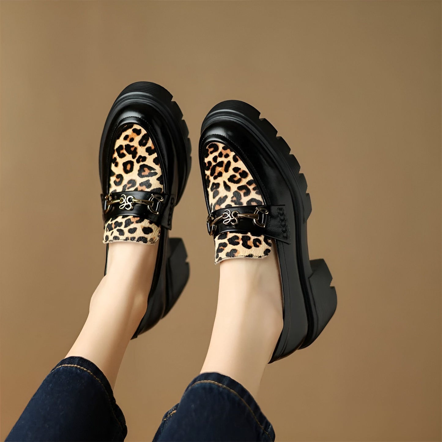 Élégance Mocassins Femme Noirs Léopard & Talon Bloc