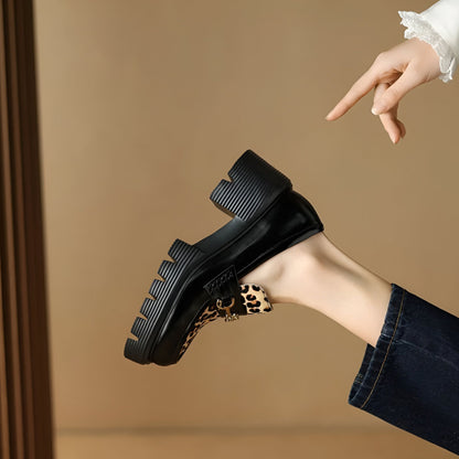 Élégance Mocassins Femme Noirs Léopard & Talon Bloc