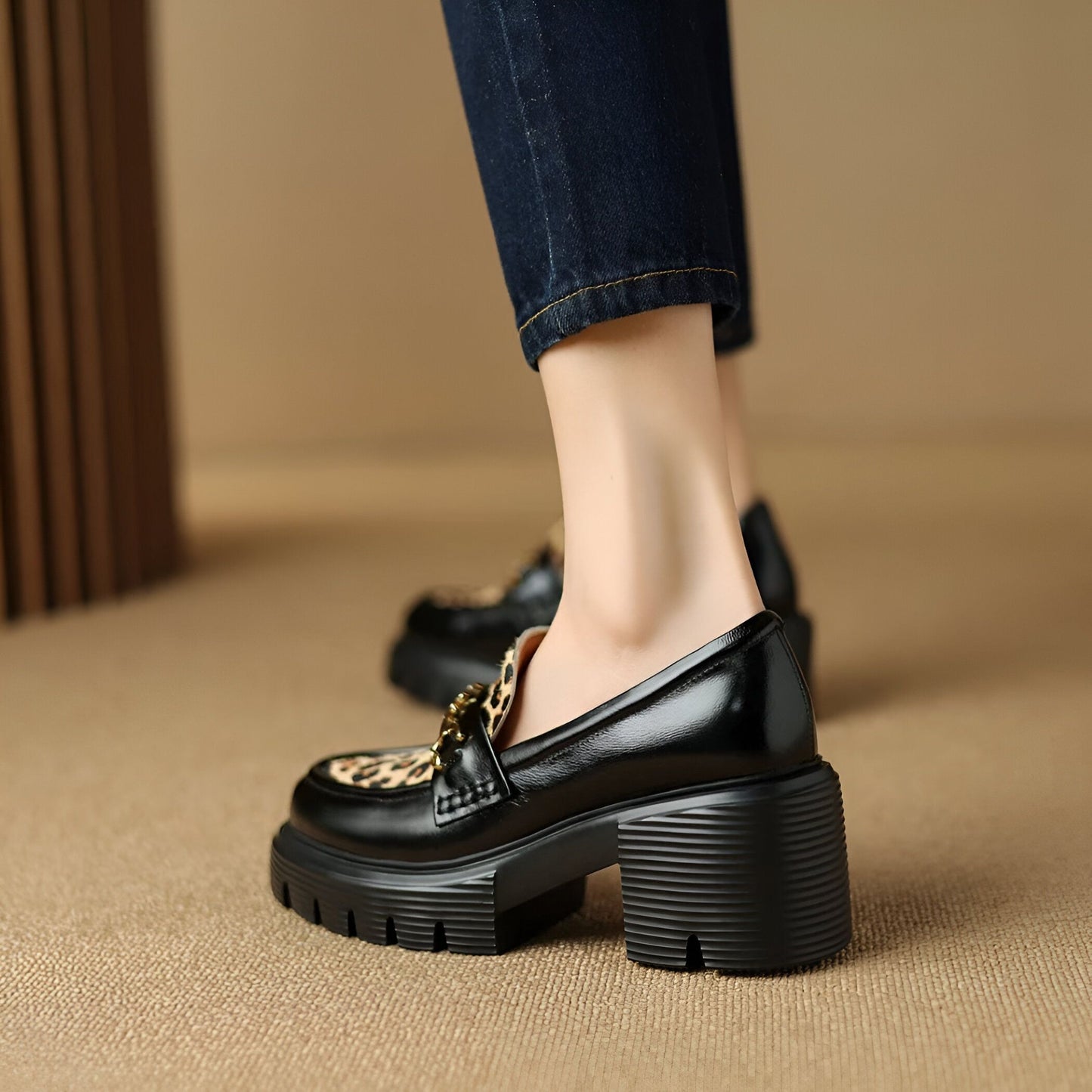 Élégance Mocassins Femme Noirs Léopard & Talon Bloc