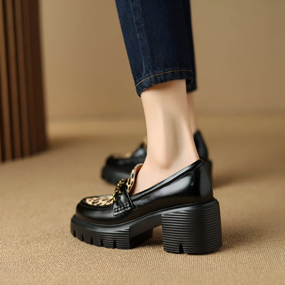 Élégance Mocassins Femme Noirs Léopard & Talon Bloc