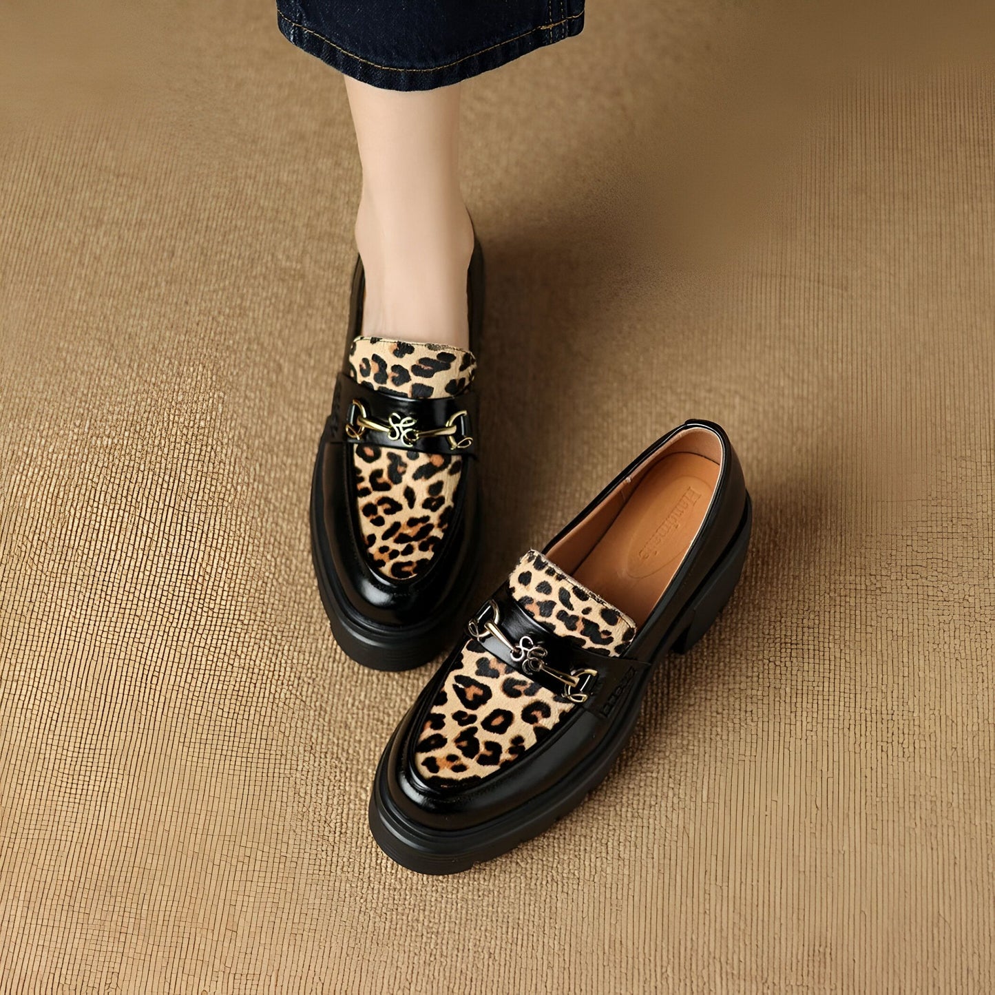 Élégance Mocassins Femme Noirs Léopard & Talon Bloc