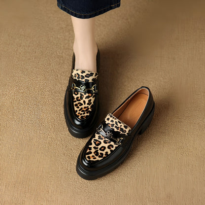 Élégance Mocassins Femme Noirs Léopard & Talon Bloc
