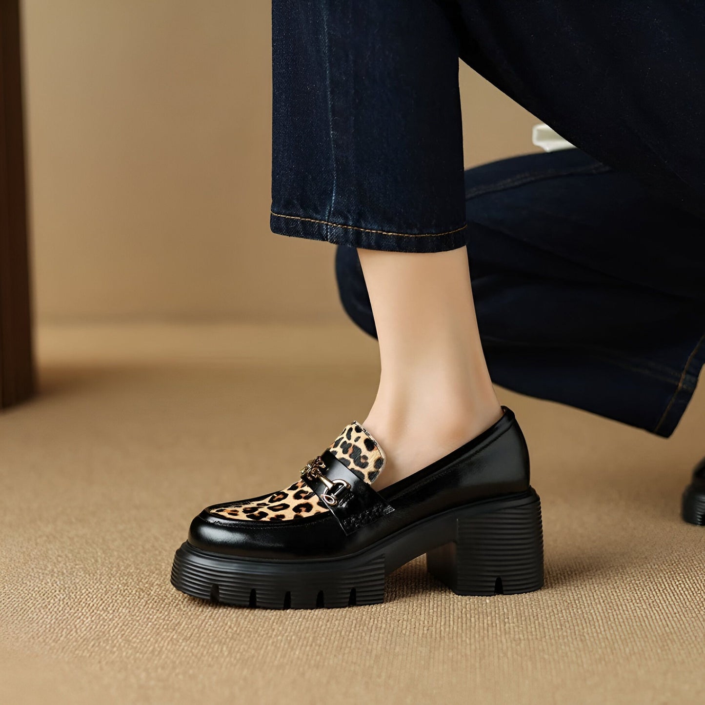 Élégance Mocassins Femme Noirs Léopard & Talon Bloc