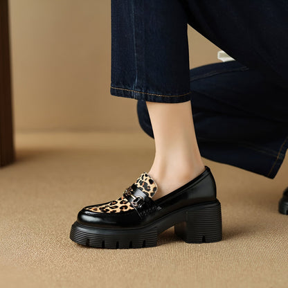Élégance Mocassins Femme Noirs Léopard & Talon Bloc