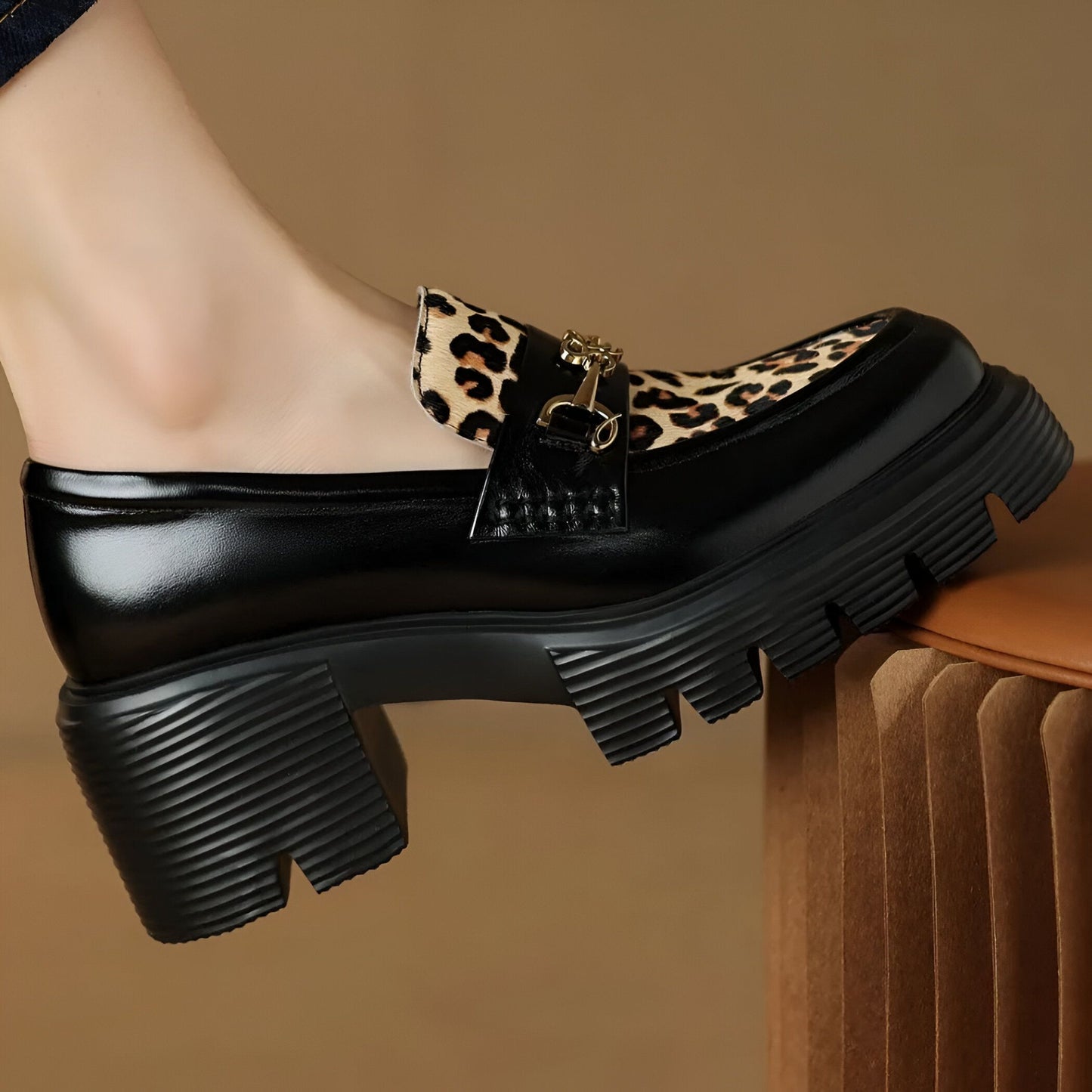 Élégance Mocassins Femme Noirs Léopard & Talon Bloc