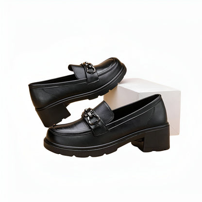Nova Mocassins Femme Noir Talons Carrés Mors Argentés