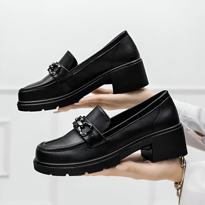 Nova Mocassins Femme Noir Talons Carrés Mors Argentés