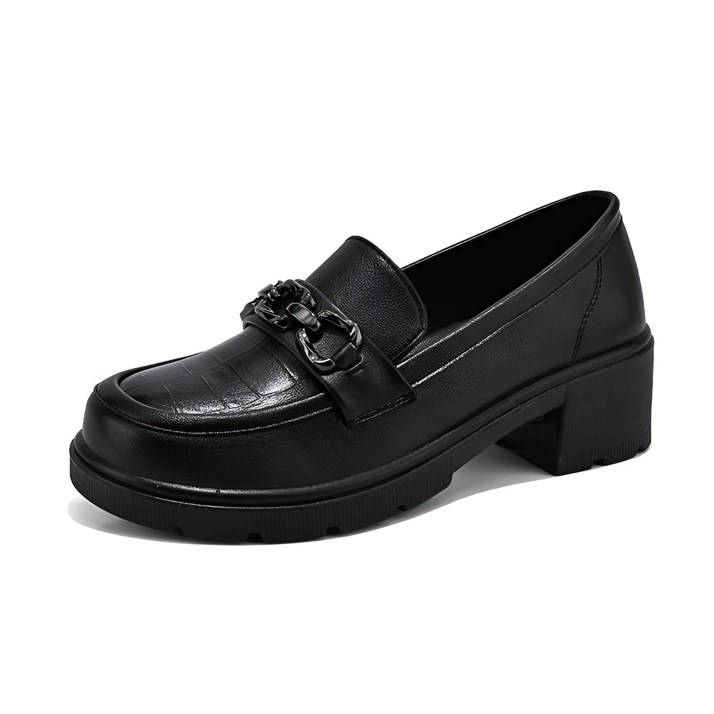 Nova Mocassins Femme Noir Talons Carrés Mors Argentés