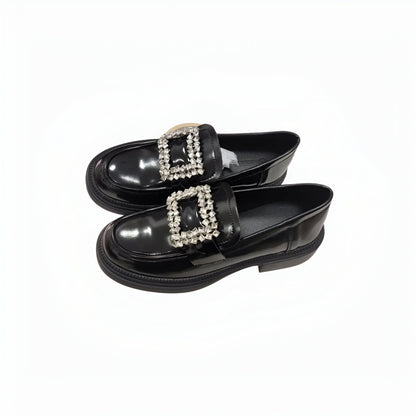Mocassins Femme Noirs Vernis Boucle Strass Luxe