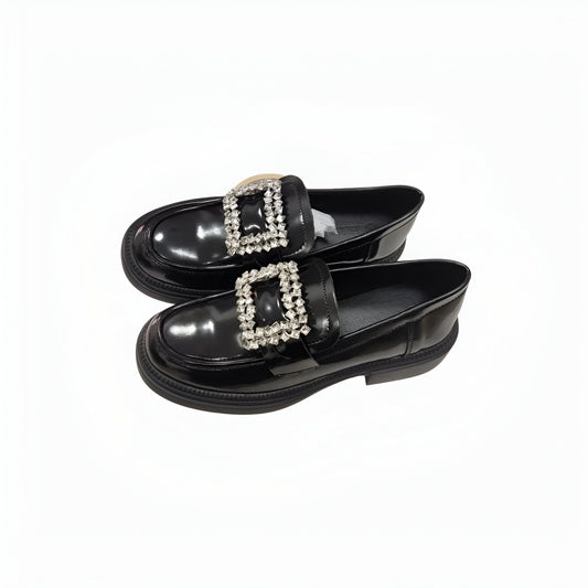 Mocassins Femme Noirs Vernis Boucle Strass Luxe