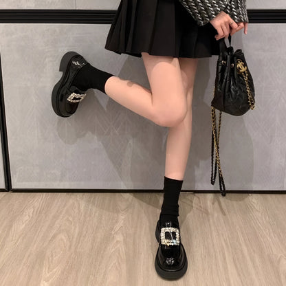 Mocassins Femme Noirs Vernis Boucle Strass Luxe