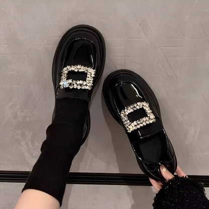 Mocassins Femme Noirs Vernis Boucle Strass Luxe