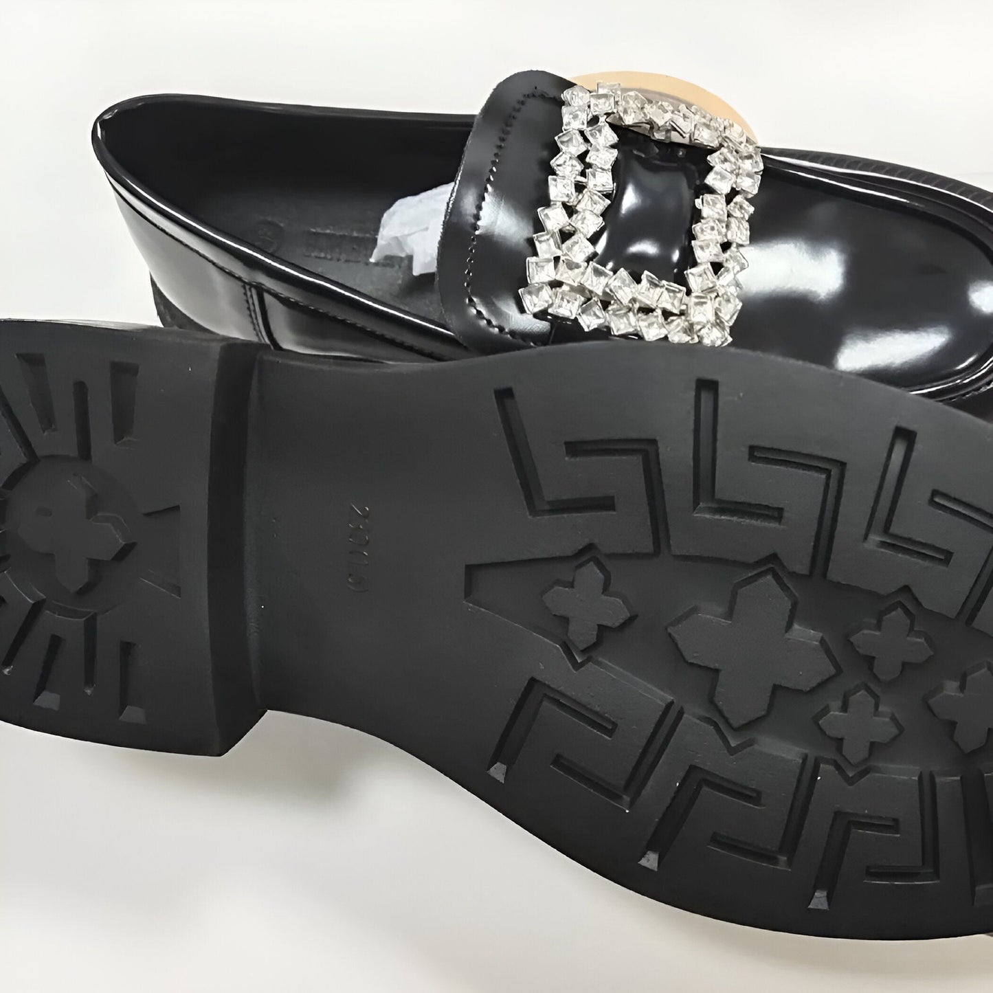 Mocassins Femme Noirs Vernis Boucle Strass Luxe