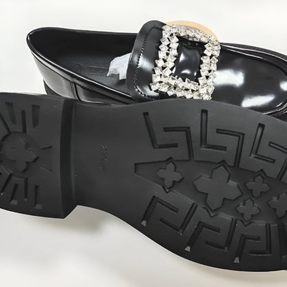 Mocassins Femme Noirs Vernis Boucle Strass Luxe