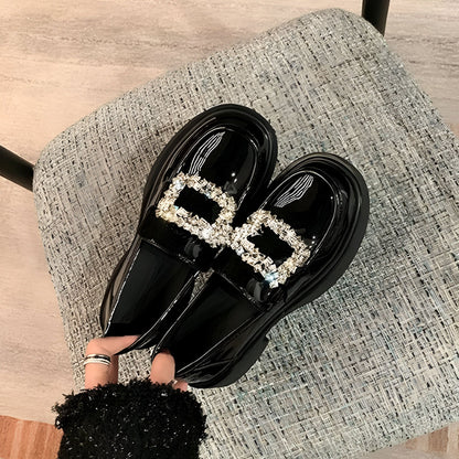 Mocassins Femme Noirs Vernis Boucle Strass Luxe