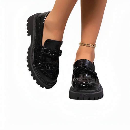 LuxeMoc Mocassins Femme Noirs Vernis Aspect Crocodile