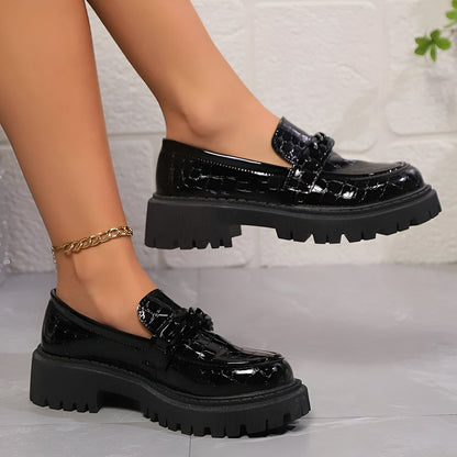 LuxeMoc Mocassins Femme Noirs Vernis Aspect Crocodile