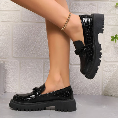 LuxeMoc Mocassins Femme Noirs Vernis Aspect Crocodile