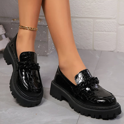 LuxeMoc Mocassins Femme Noirs Vernis Aspect Crocodile