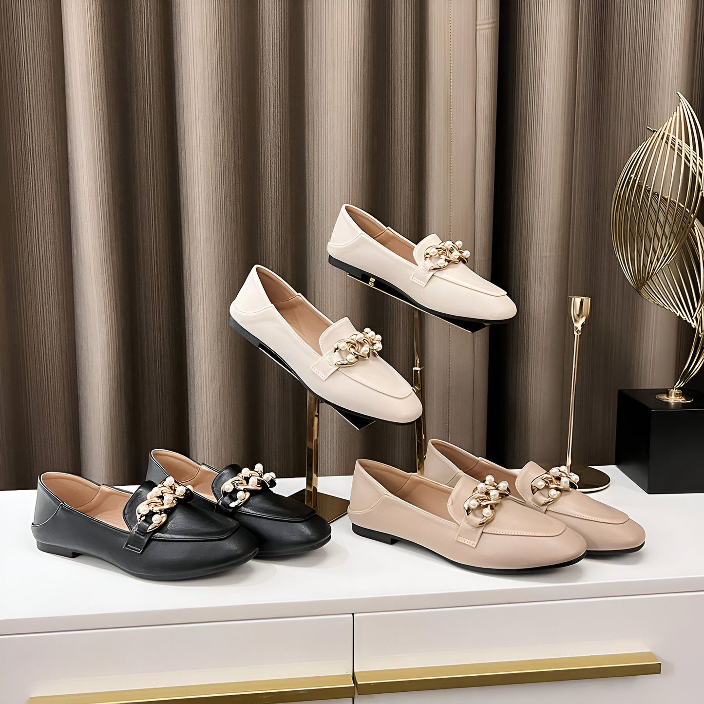 Mocassins Femme Cuir Végan – Ornés Perles Dorées