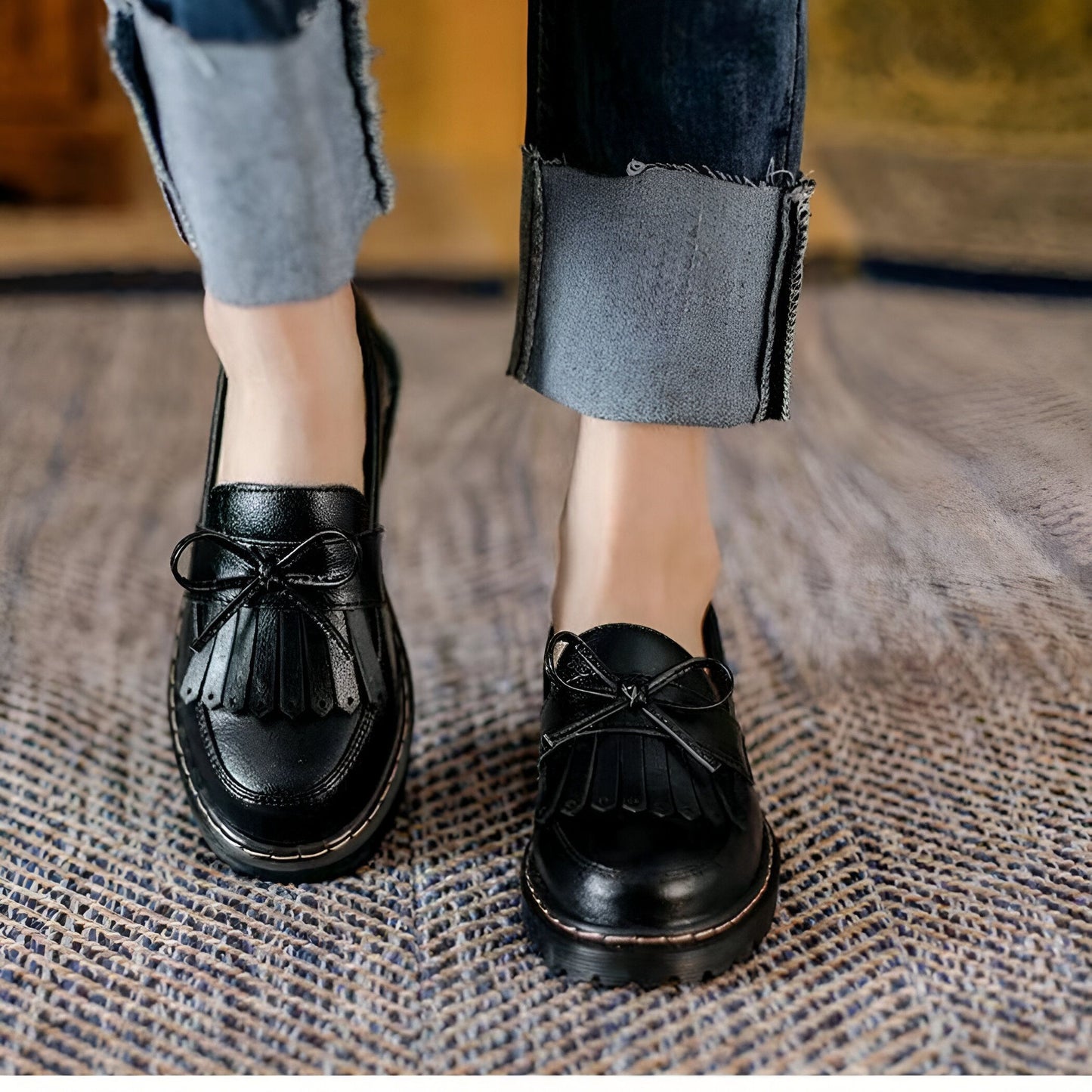 Mocassins Rétro Chic Femme: Talons Carrés avec Franges