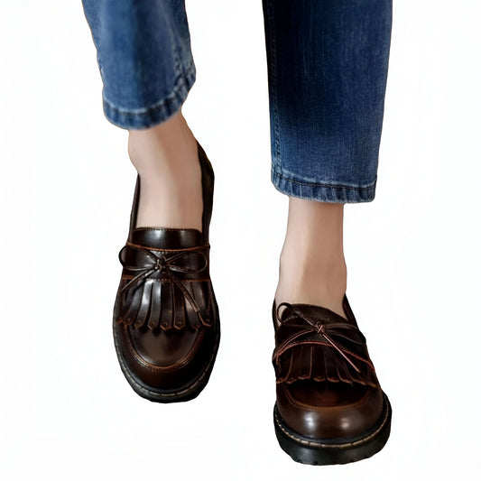 Mocassins Rétro Chic Femme: Talons Carrés avec Franges