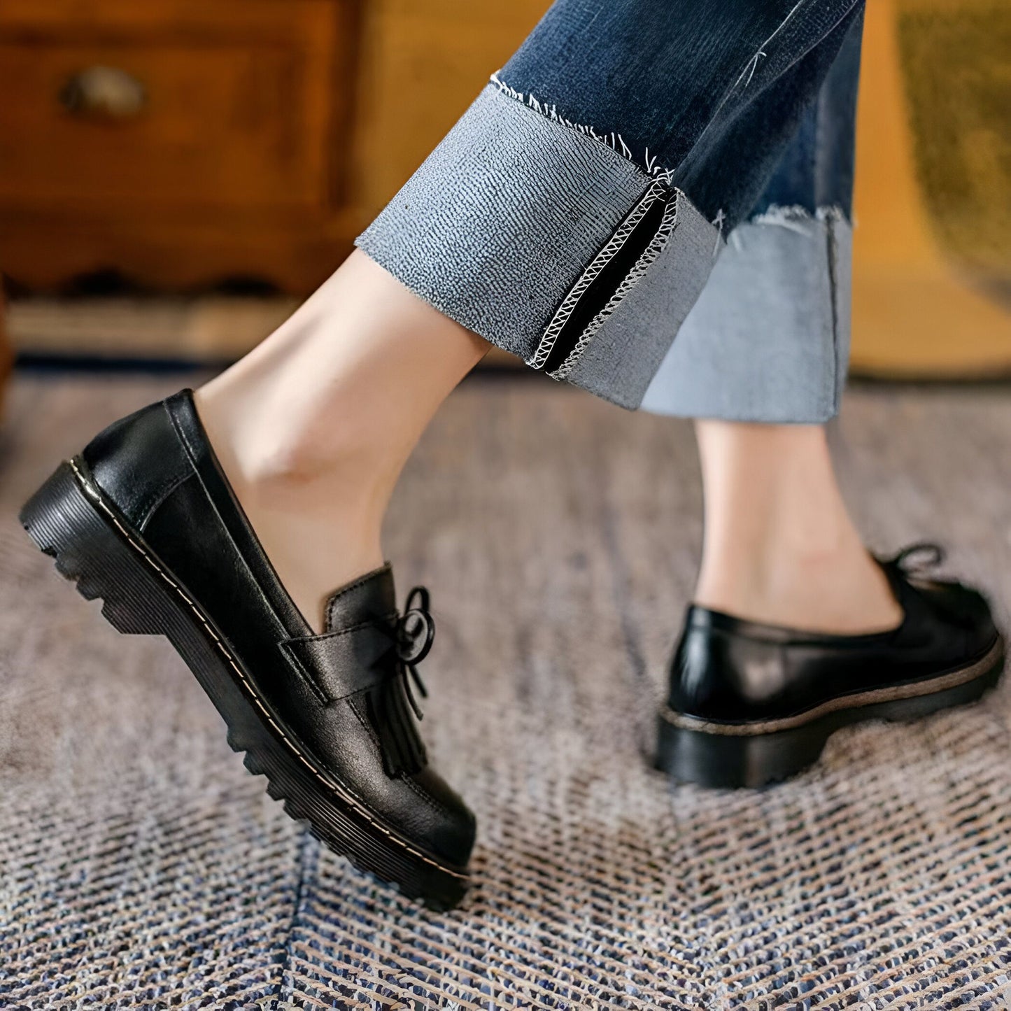 Mocassins Rétro Chic Femme: Talons Carrés avec Franges